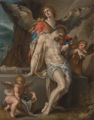 El cuerpo de Cristo apoyado por los ángeles de Bartholomeus Spranger