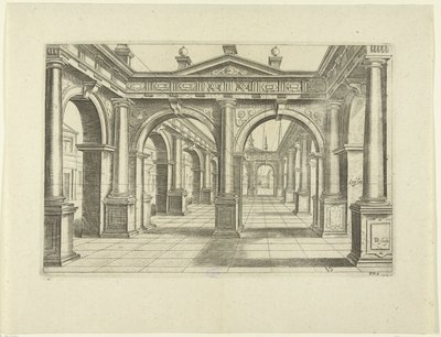 Edificio con doble arco en el centro de estilo dórico Perspectiva, parte 2 (título de la serie) de Bartholomeus Willemsz. Dolendo