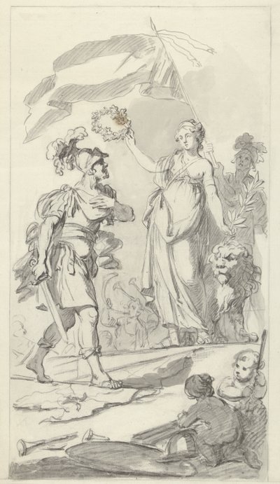 El valiente bataviano coronado por la Virgen holandesa, 1799 Diseños para el monumento en el festival nacional que celebra la paz del 17 de diciembre de 1799 (título de la serie) de Bartholomeus Ziesenis