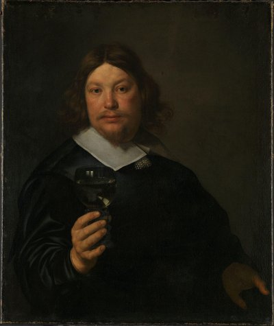Norwegian Bokmål:  Mann med rhinskvinglass Hombre con una copa de vino en la mano de Bartholomeus van der Helst