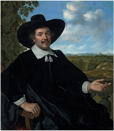 Retrato de Gabriel Marselis, de tres cuartos, sentado, ante una balaustrada, un paisaje con una casa de campo y una vista lejana de Haarlem más allá. de Bartholomeus van der Helst
