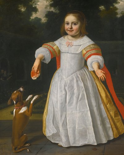 Retrato de una niña con un panecillo y un perro de Bartholomeus van der Helst