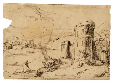 Paisaje fluvial con un pescador cerca de un castillo de Bartolomé Esteban Murillo