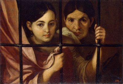 Deux femmes derriere une grille (Dos mujeres detrás de una reja) - Pintura de Bartolome Esteban Murillo (1617-1682), óleo sobre lienzo de Bartolomé Esteban Murillo