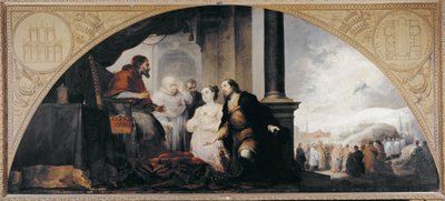 La fundación de Santa María la Mayor. Patricio Juan y su esposa revelan su sueño al Papa Liberio de Roma, acompañado por dos eclesiásticos. Pintura de Bartolomé Esteban Murillo de Bartolomé Esteban Murillo
