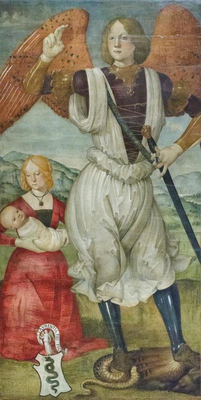 San Miguel Arcángel con Teodora Visconti y el hijo recién nacido, c.1486-87 (temple sobre tabla) de Bartolomeo (attr. to) Della Gatta
