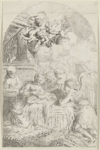 Niño Jesús adorado por tres ángeles de Bartolomeo Biscaino