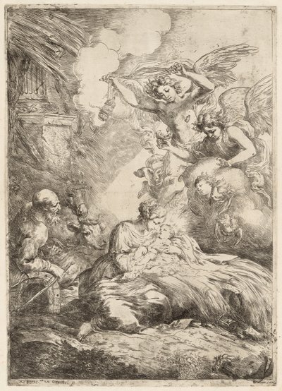 La Sagrada Familia Adorada por Ángeles La Gran Natividad, c. 1655 de Bartolomeo Biscaino