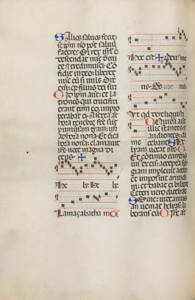 Misal: Fol. 121v: contiene música para Hely Hely Lama etc. dentro de la Pasión de San Mattion, 1469 de Bartolomeo Caporali