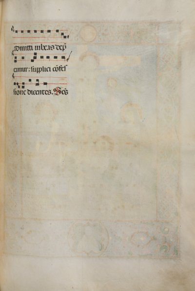 Misal: Fol. 185: Cruz, follaje y música para varias oraciones ordinarias, 1469 de Bartolomeo Caporali