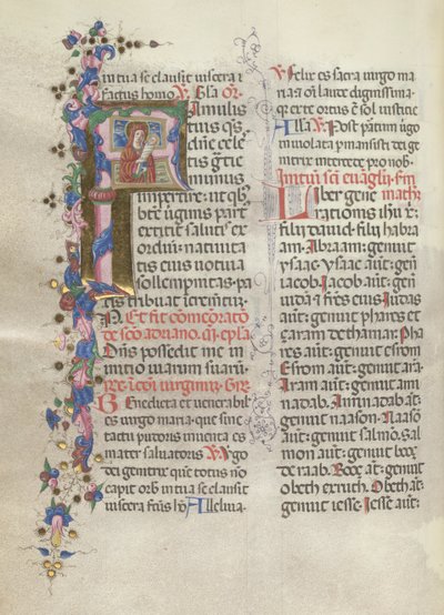 Misal: Fol. 311v: Santa Ana sosteniendo a la Virgen recién nacida, 1469 de Bartolomeo Caporali