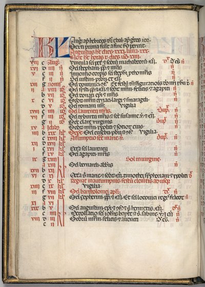 Misal: Fol. 6v: Página del calendario de agosto, 1469 de Bartolomeo Caporali