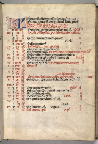 Misal: Fol. 8r: Página del calendario de noviembre, 1469 de Bartolomeo Caporali