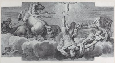 Auriga, el auriga, cae del carro en el centro, con tres caballos de Bartolomeo Crivellari, Gabriel Söderling