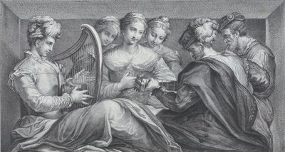 Un grupo de personas elegantemente vestidas tocando el arpa y una guitarra, 1740-68 de Bartolomeo Crivellari