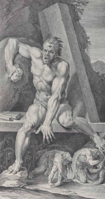 Placa 7: el cegado Polifemo, guardando la entrada de su caverna, con Ulises y sus..., 1756 de Bartolomeo Crivellari