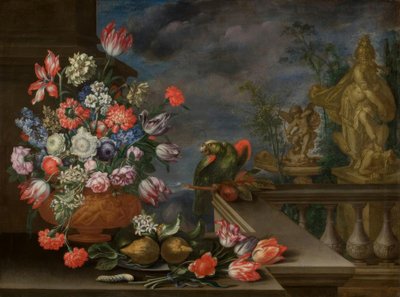 Naturaleza muerta con jarrón de flores, cítricos, loro y escultura de fuente de Bartolomeo Ligozzi