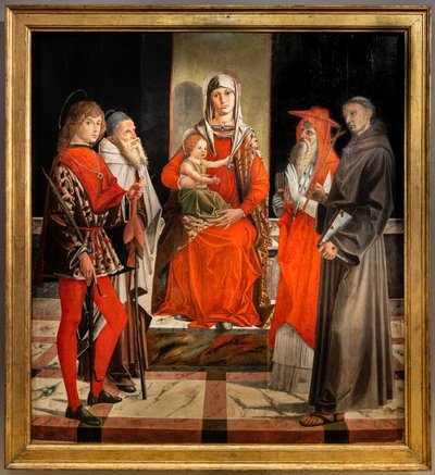 Virgen entronizada con el niño Jesús entre los santos Ansano, Antonio el Grande, Jerónimo y Francisco de Bartolomeo Montagna
