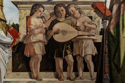 Madonna entronizada con el niño Jesús entre santos, detalle de Bartolomeo Montagna