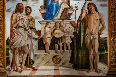Virgen entronizada con el niño Jesús entre santos, detalle de Bartolomeo Montagna