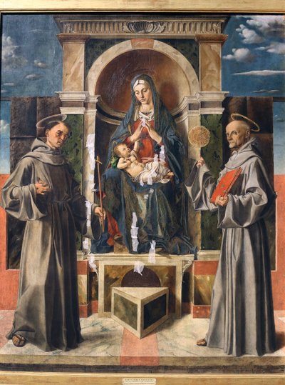 Madonna y el Niño entronizados entre San Francisco y San Bernardino de Siena, c.1490 de Bartolomeo Montagna