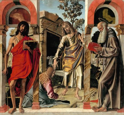 Cristo resucitado con María Magdalena y los santos Juan Bautista y Jerónimo, c. 1492 de Bartolomeo Montagna
