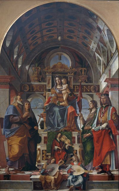 La Virgen y el Niño entronizados con santos y ángeles haciendo música, 1499 de Bartolomeo Montagna