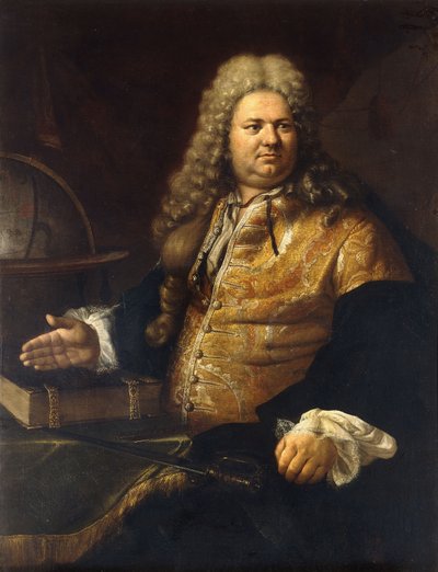 Retrato de un Caballero, se dice que es el actor James Quin, en el Papel Principal de Cato de Addison, sentado de tres cuartos de longitud, en un Abrigo de Brocado y Capa Verde junto a una Mesa con una Espada, un Libro y un Globo de Bartolomeo Nazzari