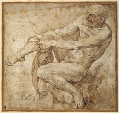 Hombre desnudo poniéndose las medias, después de Marcantonio Raimondi y Miguel Ángel Buonarroti de Bartolomeo Passarotti