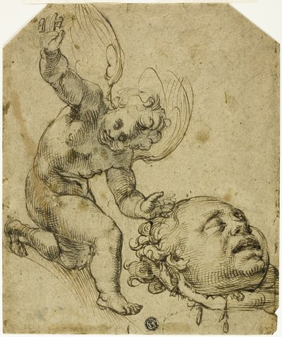 Dos bocetos: Putto arrodillado sujetando una cabeza (anverso) Detalles de un niño desnudo (reverso) de Bartolomeo Passarotti