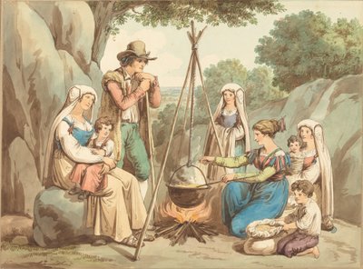 Una familia campesina cocinando sobre una fogata de Bartolomeo Pinelli