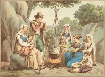 Una familia campesina cocinando en una hoguera de Bartolomeo Pinelli