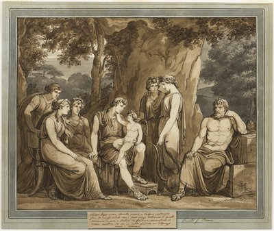 Calipso observa a Telémaco con Cupido en su rodilla, mientras Mentor observa con enojo, del libro Las aventuras de Telémaco, Libro 7 de Bartolomeo Pinelli