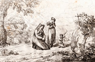 Mujer ciociara rezando frente a la cruz donde mataron a su esposo, grabado de Bartolomeo Pinelli de Bartolomeo Pinelli