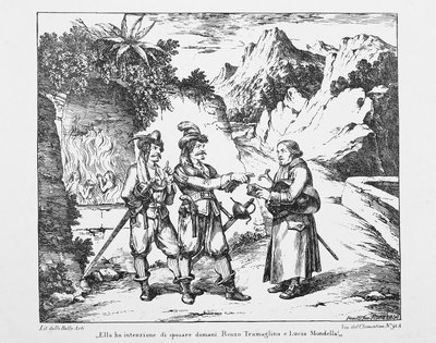 Don Abbondio encuentra a dos Bravi, litografía de Bartolomeo Pinelli (1781-1835) para Los Novios de Alessandro Manzoni (1785-1873), Italia, siglo XIX de Bartolomeo Pinelli