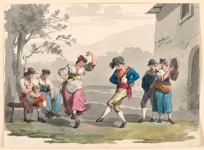 Dibujo, "Saltarello Romano", Campesinos danzantes en el barrio de Roma, 1807-08 de Bartolomeo Pinelli