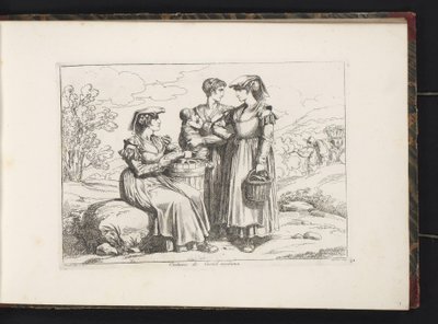 Tres mujeres y un niño de Castel Madama Costumi di Castel madama (título sobre el objeto) Estampados de vestuario con figuras de Roma y alrededores (título de la serie) Nuova raccolta di cinquanta costumi de contorni di Roma (título de la serie) de Bartolomeo Pinelli