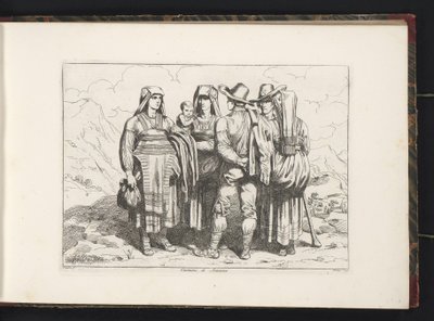 Tres mujeres y dos hombres de Sonnino Costumi di Sonnino (título sobre objeto) Estampados de vestuario con figuras de Roma y alrededores (título de la serie) Nuova raccolta di cinquanta costumi de contorni di Roma (título de la serie) de Bartolomeo Pinelli