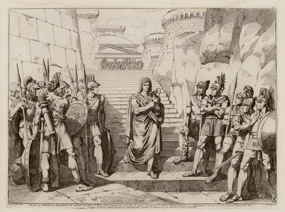 Cayo Fabio Dorsuo pasa sin ser molestado por los galos en su camino para hacer un sacrificio, 390 a.C. (grabado) de Bartolomeo Pinelli