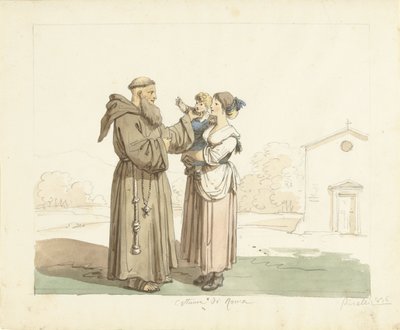 Una mujer joven con un niño frente a un monje de Bartolomeo Pinelli