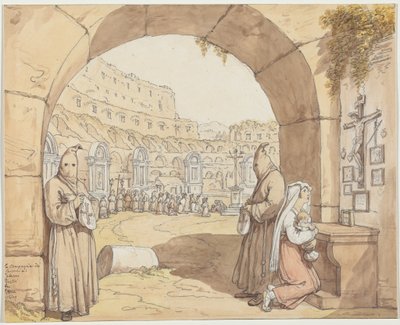 La Compagnia dei sacconi al Colosseo (Penitentes rezando ante los altares del Coliseo) de Bartolomeo Pinelli