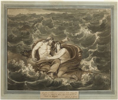 Mentor y Telémaco, después de sobrevivir a la tormenta, son llevados a la isla de Calipso en un mástil, del libro Las aventuras de Telémaco, Libro 6 de Bartolomeo Pinelli