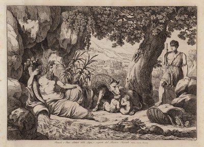 Rómulo y Remo amamantados por la loba y descubiertos por el pastor Faustulo (grabado) de Bartolomeo Pinelli