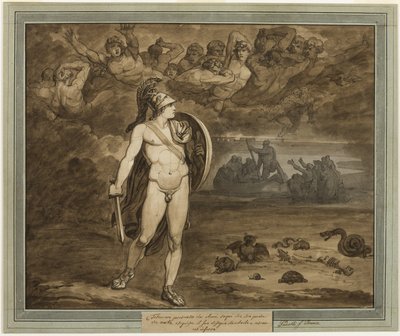 Telémaco, creyendo que su padre Ulises está muerto, lo busca en el inframundo, de Las aventuras de Telémaco, Libro 18 de Bartolomeo Pinelli