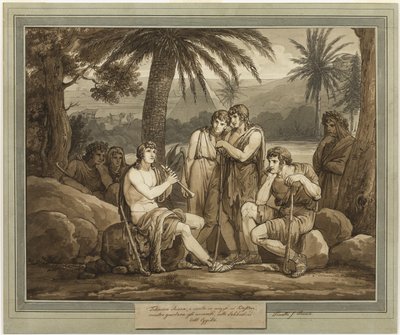Telémaco toca y canta para los pastores en Egipto, del libro 2 de Las aventuras de Telémaco de Bartolomeo Pinelli