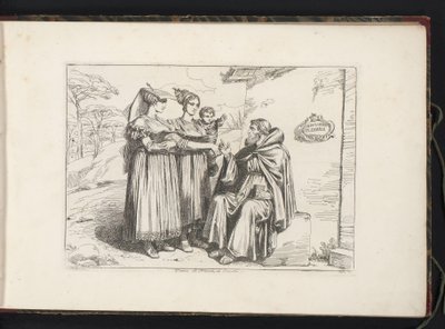 Dos mujeres de Frascati y un ermitaño Donne di Frascati, Ed. Eremita (título sobre el objeto) Estampados de vestuario con figuras de Roma y alrededores (título de la serie) Nuova raccolta di cinquanta costumi de contorni di Roma (título de la serie) de Bartolomeo Pinelli