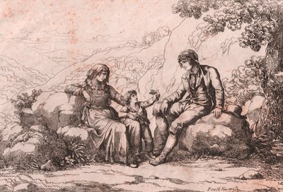 Dos plebeyos con un bebé, Schiavi, Abruzzo, grabado de Bartolomeo Pinelli de Bartolomeo Pinelli