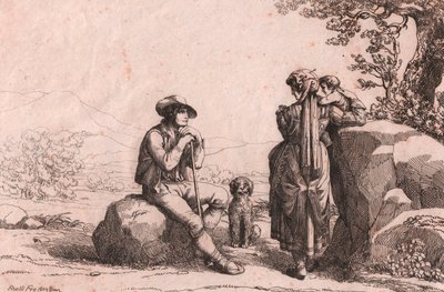 Dos plebeyos con un bebé y un perro en Fraine, Abruzzo, grabado de Bartolomeo Pinelli de Bartolomeo Pinelli