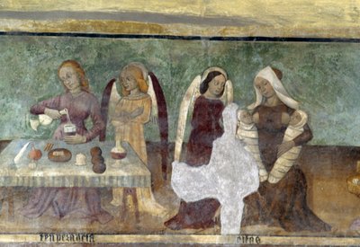 Escena alegórica, (detalle) del ciclo que representa la Cabalgata de Vicios y Virtudes, ca 1490, por Bartolomeo Serra y Sebastiano Serra, fresco, capilla de San Esteban, Giaglione, Piamonte, Italia de Bartolomeo and Serra Sebastiano Serra