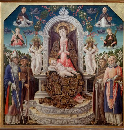 Virgen y Niño en el trono rodeados de San Agustín, San Roque, San Luis de Tolosa (Anjou), San Nicolás de Myra y en el cielo Santa Catalina, Santa Dominica, San Pedro Mártir (Verona) y Santa María Magdalena de Bartolomeo Vivarini